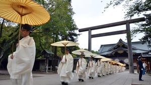 Shinto priests on the first day of the three-day spring festival at the controversial Yasukuni war shrine in Tokyo