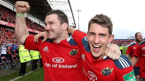 Damien Varley (L) with Ian Keatley after Munster's quarter-final victory over Toulouse