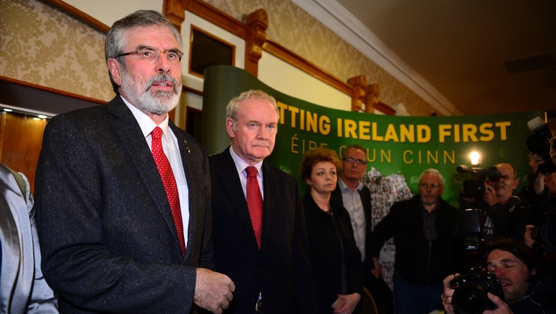 Gerry Adams and Martin McGuinness attending a press conference following his release from PSNI custody this evening