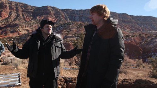 Director Lenny Abrahamson and actor Domhnall Gleeson, pictured on the set of Frank.