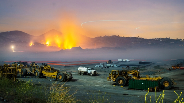 Longtime exposure shows smolderings remains of fires on the hillsides of San Marcos, San Diego county