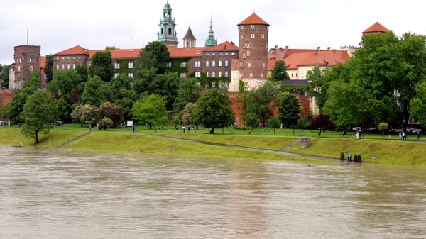 High water levels on the river Wisla near the Royal Castle and the Wawel Cathedral in Krakow, Poland
