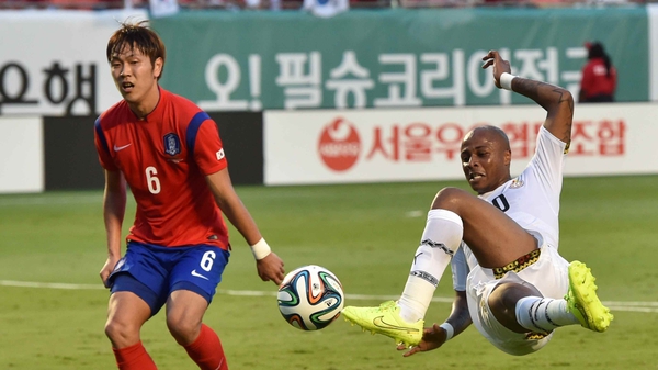 Midfielder Andre Ayew shoots on goal for Ghana in their 4-0 rout