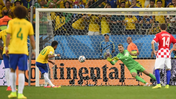Neymar (centre) scored a brace for Brazil as they overcame Croatia in Sao Paulo