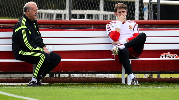 Spain manager Vicente del Bosque and beleaguered Spain captain Iker Casillas pictured during training in Curitiba on Saturday