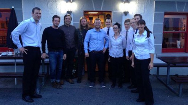 Rock lobster: Arcade Fire with the staff of Moran's Oyster Cottage in Kilcolgan, Co Galway