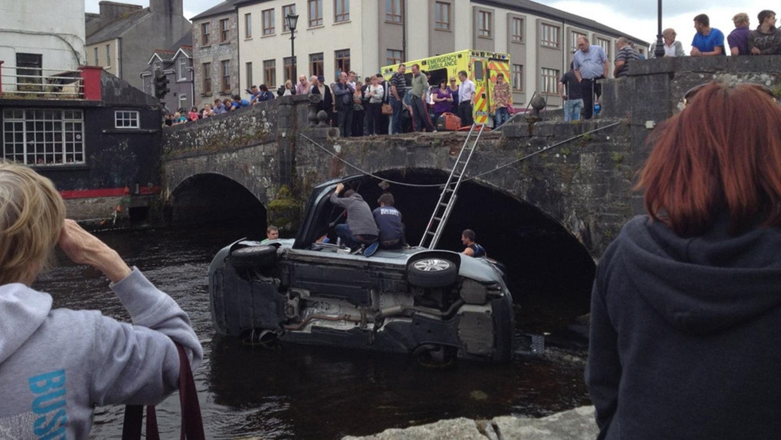 Two hurt as car crashes off Co bridge