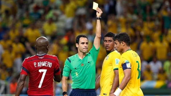 Thiago Silva picked up his second yellow card of the tournament against Columbia