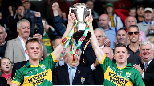 Fionn Fitzgerald and Kieran O'Leary with the Munster cup after Kerry's emphatic win over Cork in the 2014 final