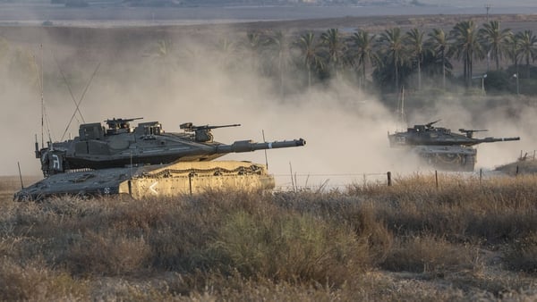 Israeli tanks at the southern Israeli border with Gaza following an Israeli air strike today