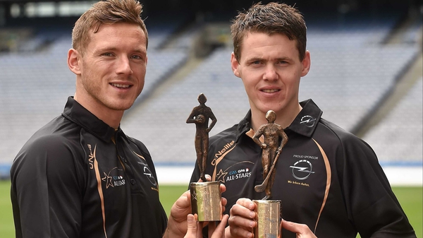 Paul Flynn of Dublin (L) and TJ Reid of Kilkenny with the June GAA/GPA Player of the Month awards