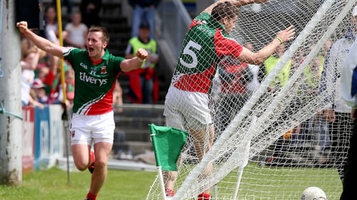 Lee Keegan hits the back of the net after scoring Mayo's first goal as Cillian O'Connor celebrates setting him up