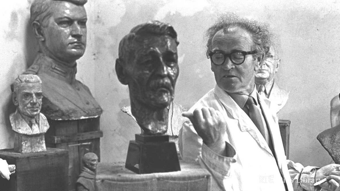 Sculptor Seamus Murphy with his work. But who is the portrait bust in the middle?