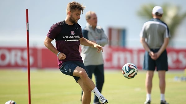 Luke Shaw trains for England during this summer's World Cup