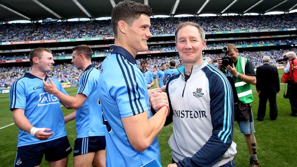 Jim Gavin and Diarmuid Connolly celebrate after Dublin's Leinster SFC final win over Meath