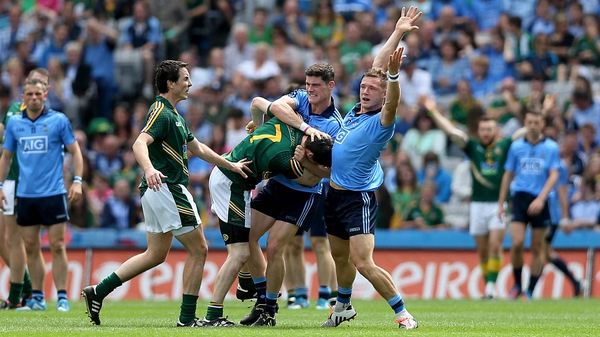 Action from the 2014 Leinster final involving Dublin and Meath