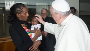 Pope Francis meets Mariam Yahya Ibrahim and her baby daughter, who was born in prison, at the Vatican