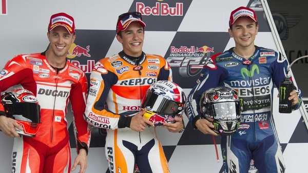 (L-R) Andrea Dovizioso of Italy, Marc Marquez of Spain and Jorge Lorenzo of Spain after qualifying