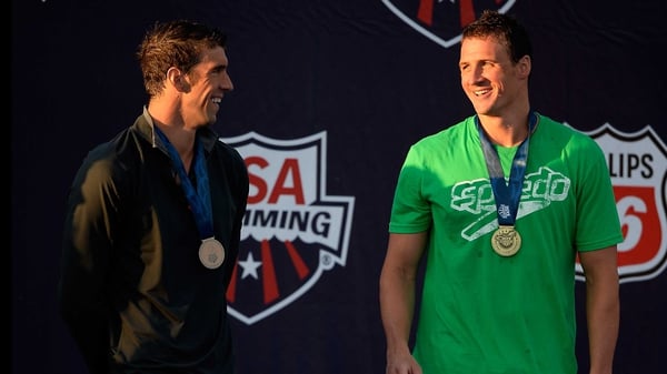 Ryan Lochte and Michael Phelps on the podium in Irvine, California