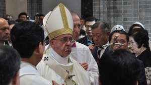 Pope Francis attends a Mass for peace at Myeong-dong cathedral in Seoul, South Korea