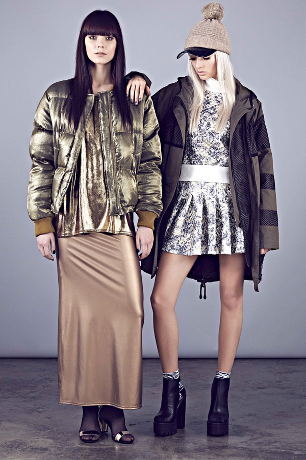 Left: Jacket €60, Top €24, Skirt €38, Heels €38. Right: Beanie €12, Coat €68, Dress €28