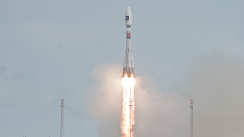 The Soyuz rocket carrying the fifth and sixth Galileo satellites is launched from French Guiana