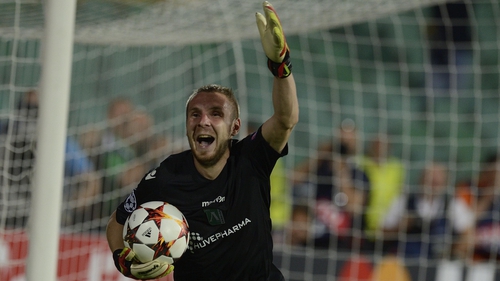 Ludogorets Razgrad's stand-in goalkeeper Cosmin Moti celebrates
