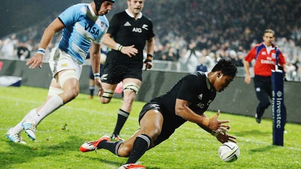 Julian Savea dives over to score a try during the game