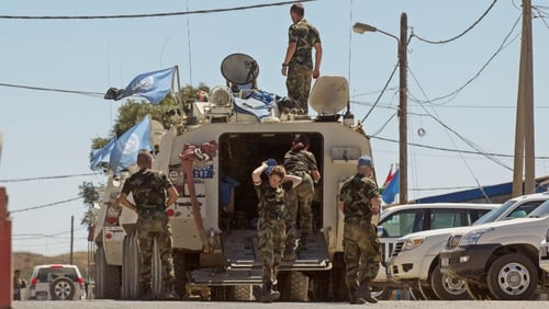 Members of the UNDOF arrive at the UN base next to the Quneitra crossing in Golan, ahead of the release of the Fijian peacekeepers
