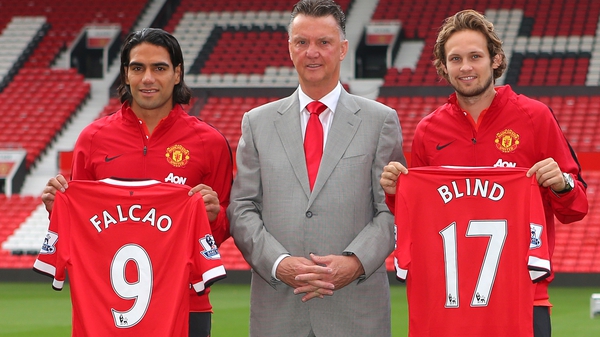 New signings Radamel Falcao (l) and Daley Blind were introduced to the media at Old Trafford