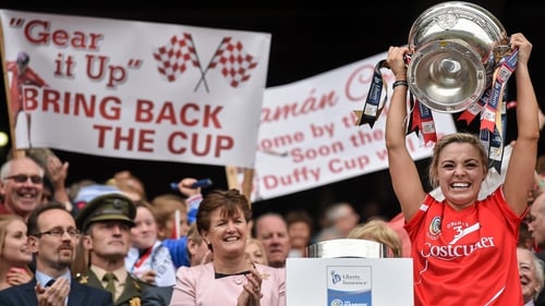 Cork captain Anna Geary lifts the O'Duffy Cup