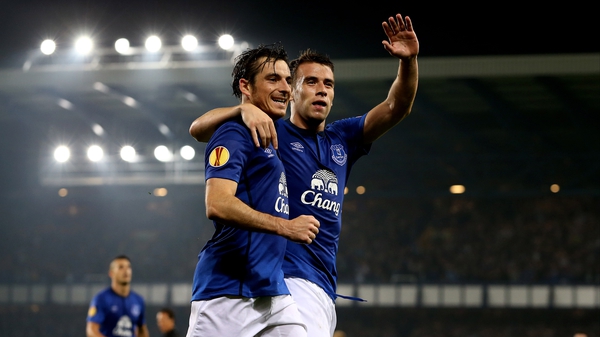 Seamus Coleman (R) celebrates with Leighton Baines after scoring his team's second goal