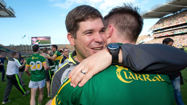 Kerry manager Eamonn Fitzmaurice celebrates with Marc Ó Sé after the game