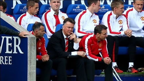Louis van Gaal pictured in the Manchester United dugout during Sunday's defeat at the King Power Stadium