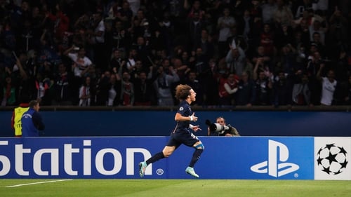 David Luiz celebrates scoring the opener for PSG against Barcelona