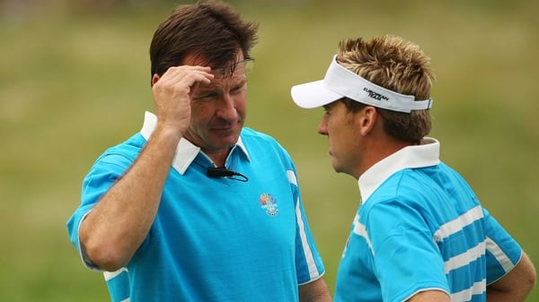 Ian Poulter speaks with then captain Nick Faldo on day two of the 2008 Ryder Cup