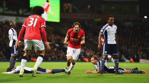 Summer signing Daley Blind celebrates scoring his first goal for Manchester United