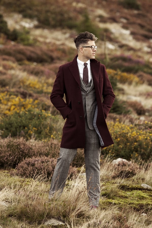 Burgundy Brushed Wool Overcoat - €850, The Holland - Grey & Burgundy Check 3-piece suit €1,065