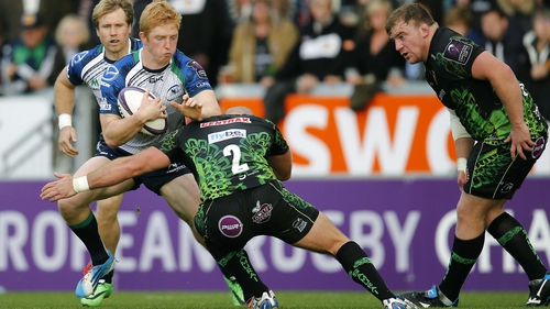 Darragh Leader of Connacht is tackled by Jack Yeandle of Exeter Chiefs
