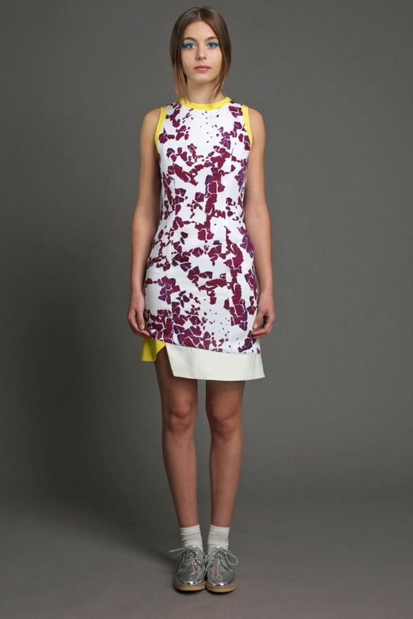 Purple and white print viscose dress with yellow and white silk trim €380