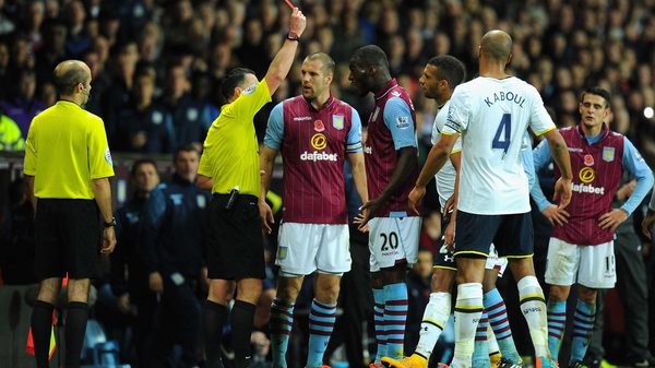 Christian Benteke was sent off for the second time in his Villa career after he pushed Ryan Mason in the face
