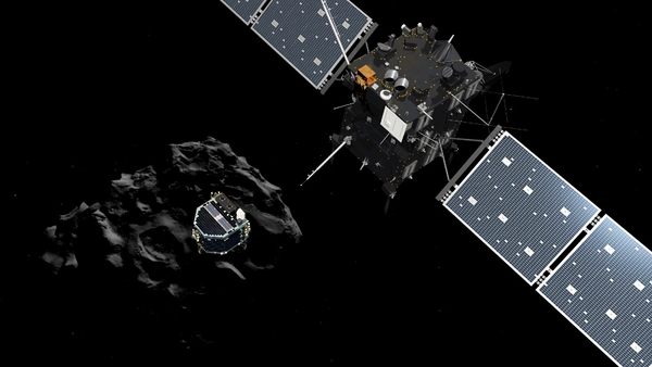 An ESA illustration of the Philae lander (centre) descending onto the comet after a successful separation from the Rosetta probe