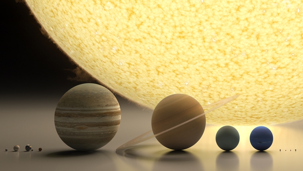 L-R: Mercury, Venus, Earth and the Moon, Mars, Jupiter, Saturn, Uranus, Neptune and dwarf planets, Pluto, Haumea, Makemake, and Eris