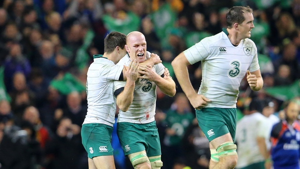Paul O'Connell, Jonathan Sexton and Devin Toner after Tommy Bowe's try sealed victory for Ireland
