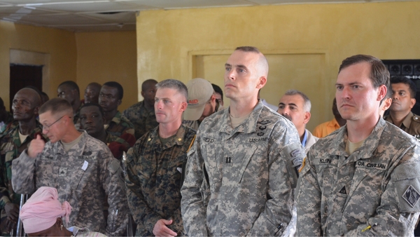 US soldiers attend a ceremony in the new Ebola Treatment Centre in western Liberia