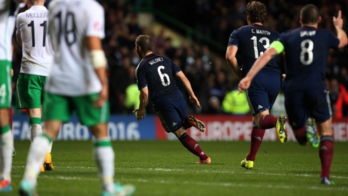 Shaun Maloney celebrates after scoring the only goal of the game at Celtic Park