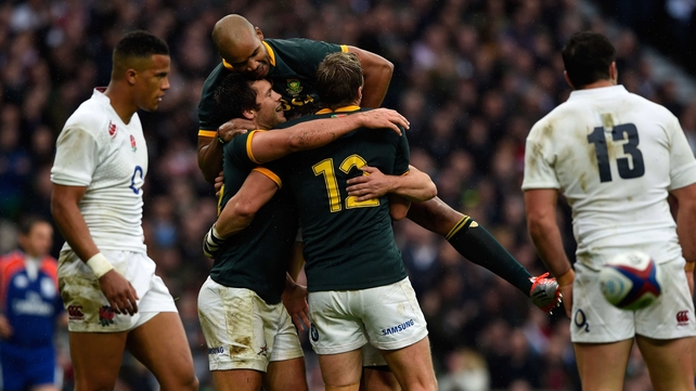 South Africa celebrate Jan Serfontein's opening try
