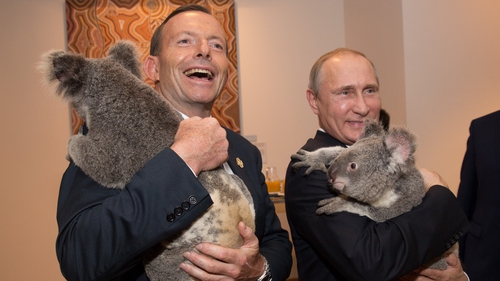 Tony Abbott and Vladimir Putin hold koalas at the summit