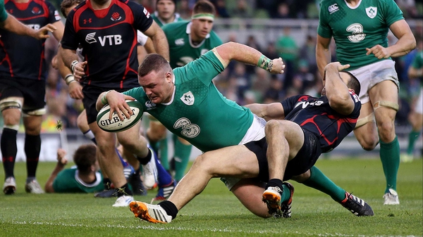 Dave Kilcoyne dives for the line to score Ireland's opening try