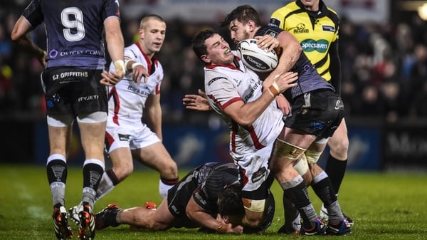 Ulster's Sean Reidy meets resistance from Ospreys' Sam Lewis